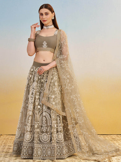 Alluring Brown Net Thread Embroidered Reception Wear Lehenga Choli
